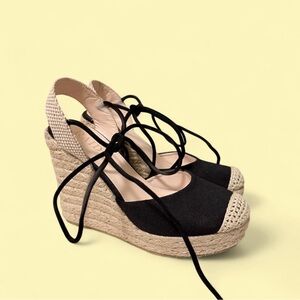 Black Espadrille Wedge Sandals with Ankle Tie